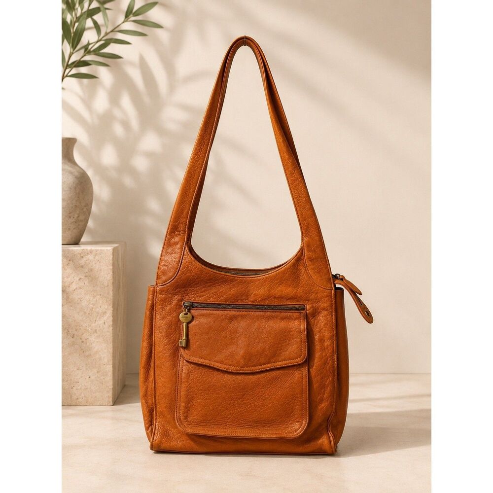Fossil Womens Shoulder Bag Medium Orange Leather Pebbled Brass Key Vintage Y2K